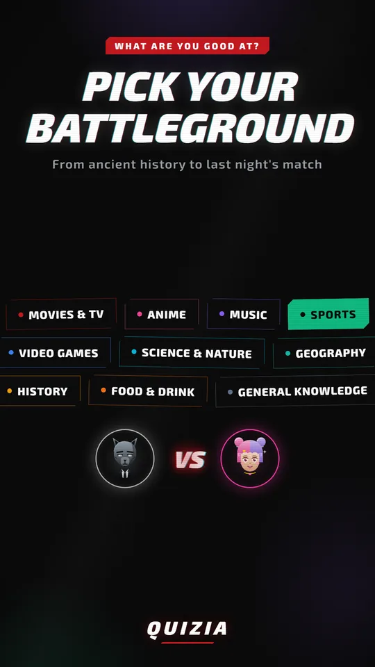 Pick your battleground: movies, anime, music, sports, video games, science, geography, history, food, general knowledge